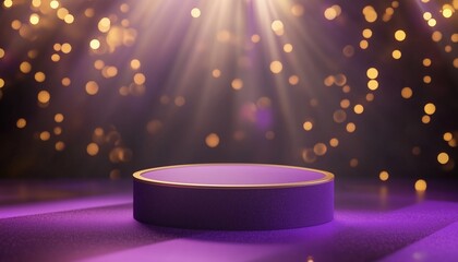 Poster - Luxurious Modern Scene: Empty Purple Podium With Spotlight Effects, Gold Beam, And Bokeh Decorations.  A Stunning Display Of Elegance.