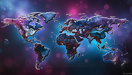 colorful world map illustration against a cosmic background