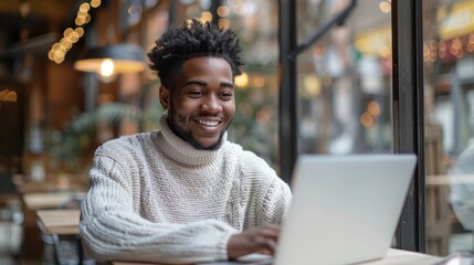 Poster - Freelancer working remotely in a cozy cafe with a laptop, enjoying the vibrant atmosphere of a bustling day