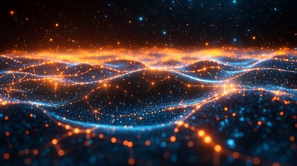 Wall Mural - Abstract glowing waves ripple softly across dark space vibrant orange and blue light illuminate particles. AI Generated