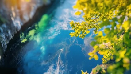 Wall Mural - sunlight illuminates vibrant turquoise water flowing through a narrow gorge, with lush green foliage