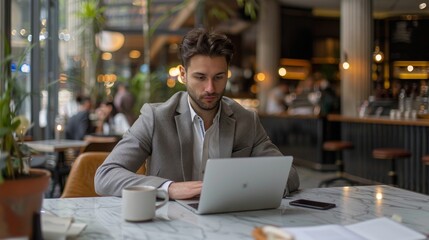 Poster - Freelancer working on laptop in modern cafe during busy daytime