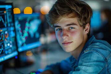 Poster - Young Businessman Examining Graphs on His Computer in the Office