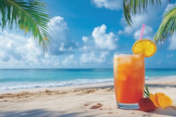 Aufkleber - Refreshing tropical drink on a sandy beach under a bright sky with palm trees swaying gently Generative AI