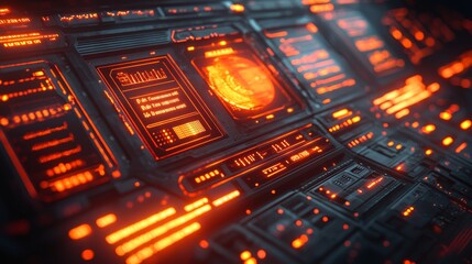 A high-tech digital wallpaper with a dark gray backdrop, featuring a glowing horizontal stripe in red and orange, alongside modern interface elements, adopts a futuristic theme to highlight