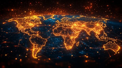Poster - A high-tech global network with vibrant, animated lines linking various regions on a 3D globe