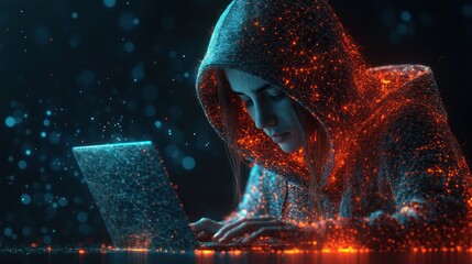 Woman hacker at laptop, digital art, glowing hoodie, particle effect