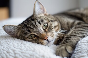 Aufkleber - Tabby cat resting comfortably on a soft blanket indoors during a cozy afternoon Generative AI