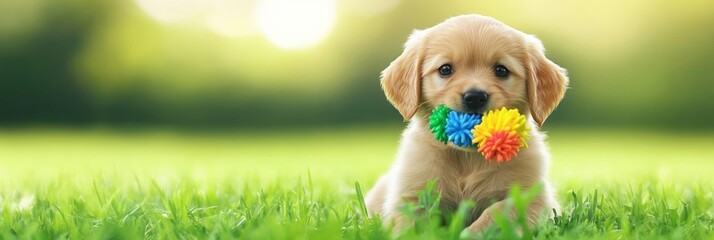 Aufkleber - Playful puppy sits on green grass holding a colorful chew toy in its mouth under soft natural lighting Generative AI