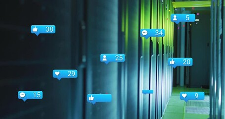 Poster - Floating social media notifications over server room with glowing lights animation