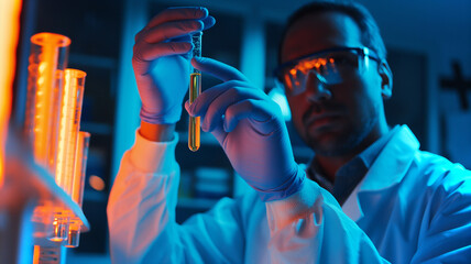 Poster - This researcher studies a test tube with yellow liquid, exploring stem cells' potential.