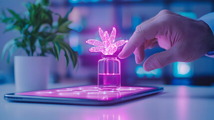 Poster - Hand Interacting with Digital Flower in Purple Vase on Tablet Screen