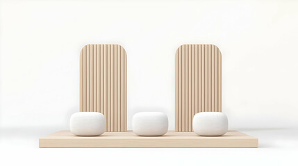Poster - Minimalist Display with Wooden Elements and Ceramic Objects