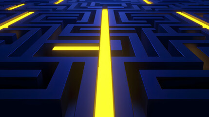 Poster - Abstract Blue Maze with Bright Yellow Lines in a Futuristic Style