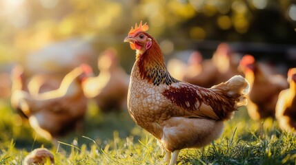 Poster - Chickens foraging in sunlight at a rural farm during the late afternoon hours Generative AI