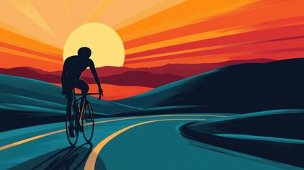 Aufkleber - Cyclist riding towards glowing sunset on rolling hills in a serene landscape Generative AI