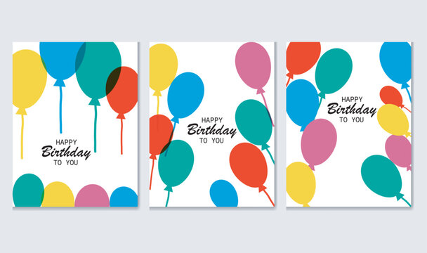Happy birthday greeting card  poster set design. Birthday greetings and wishes in colorful balloons elements. Hand drawn style Vector