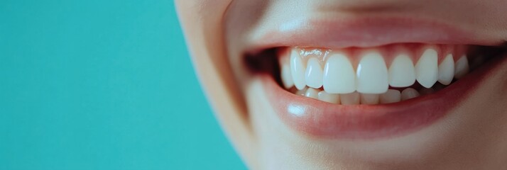 Poster - Bright smiling mouth with white teeth highlights dental health and promotes oral hygiene tips in a fresh environment Generative AI