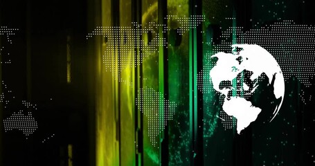 Poster - animation of digital world map with data visualization on green and yellow background