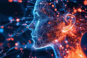 Fototapete - woman's face is shown in a computer generated image with a blue and red color scheme. The image is abstract and has a futuristic feel to it. The woman's face is surrounded by a web of lines and dots