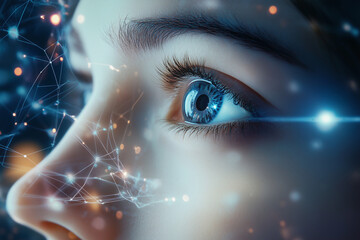 Poster - woman's eye is shown in a computer generated image. The eye is blue and the image is filled with a lot of lines and dots. The image gives off a futuristic and technological vibe