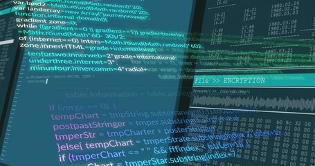 Poster - Animation of computer code and encryption data overlaying digital screen interface