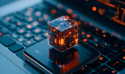 Poster - Futuristic Digital Cube with Circuit Patterns on Smartphone Screen