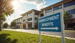 © Denis - Exterior of government building with unemployment benefits sign on sunny day with soft clouds