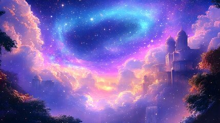Wall Mural - beautiful fantasy starry night sky blue and purple colorful galaxy and aurora 4k wallpaper. cosmic w
