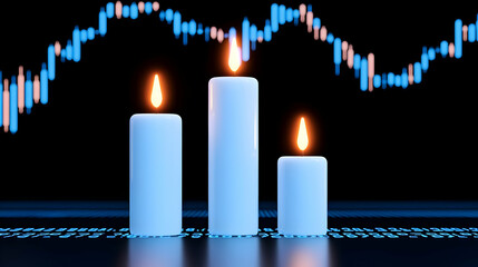 Poster - White Candles with Flames on Dark Background and Stock Market Chart