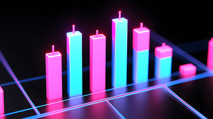Poster - Neon Bar Graph on Dark Background Displaying Financial Metrics