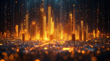 Poster - Cyberpunk aesthetic with a focus on technical background abstraction and UI/UX design. Styled to be modern and trendy. Features a space for text and golden light dots. Ideal for use as template