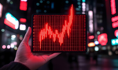 Poster - Hand Holding Tablet Displaying Rising Stock Market Graph at Night