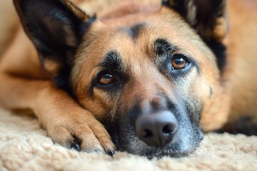 Aufkleber - Dog relaxing comfortably indoors on soft rug during sunny afternoon Generative AI
