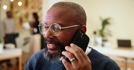 Poster - Phone call, conversation and man in office, business and communication with planning. Employee, financial advisor and professional in workplace, smartphone and digital app for chatting and contact
