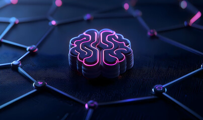 Poster - Futuristic Neon Brain Design on Dark Background with Network Nodes