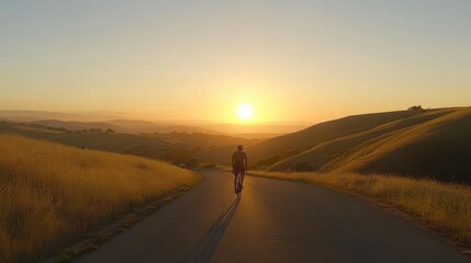 Poster - Cyclist rides toward glowing sunset over rolling hills, captured at golden ratio intersection Generative AI