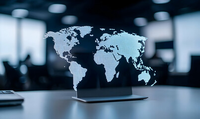 Poster - Digital World Map Projection on Modern Desk with Blurred Background