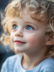 Poster - Cute child with curly hair and blue eyes looking up in natural light at a park during the afternoon Generative AI