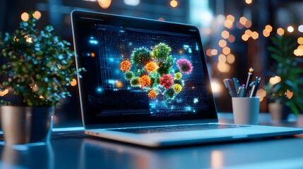 Poster - Digital Heart Shape Created with Colorful Floral Elements and Laptop