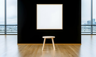 Poster - Minimalist Art Display with Empty Frame and Wooden Stool in Gallery