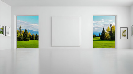 Poster - Modern Art Gallery with Nature Views Through Spacious Openings
