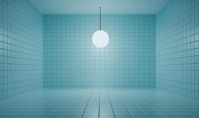 Poster - Bright Minimalist Interior with Blue Tiles and Hanging Light Fixture