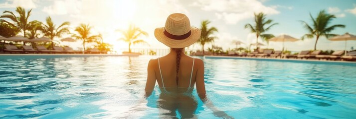 Poster - Relaxing at a tropical resort pool under the sunset while wearing a straw hat and enjoying the warm weather Generative AI