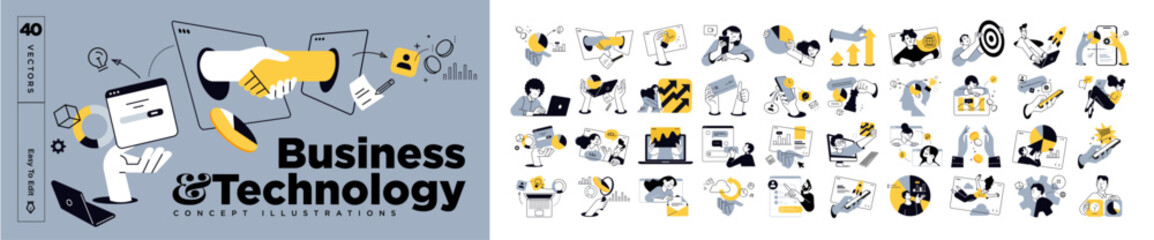 Fototapete - Business and technology illustrations. Concepts of web design and development, startup and online business, seo, app development, e-commerce, strategy and planning, communication.