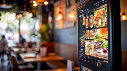 Restaurant digital menu board, people dining in background, indoor setting, informative display, possible use in restaurant advertising