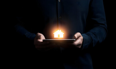 Poster - Hands Holding Tablet with Glowing House Icon on Black Background