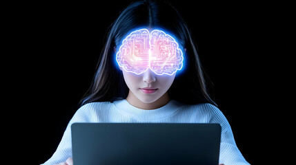 Poster - Woman with futuristic brain scan working on laptop in dark space
