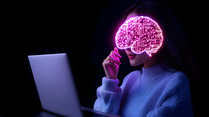 Poster - Woman Using Laptop with Futuristic Brain Visualization Concept