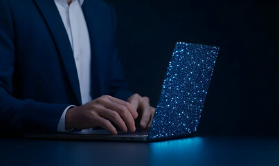 Poster - Hands Typing on Laptop with Sparkling Blue Digital Design Background